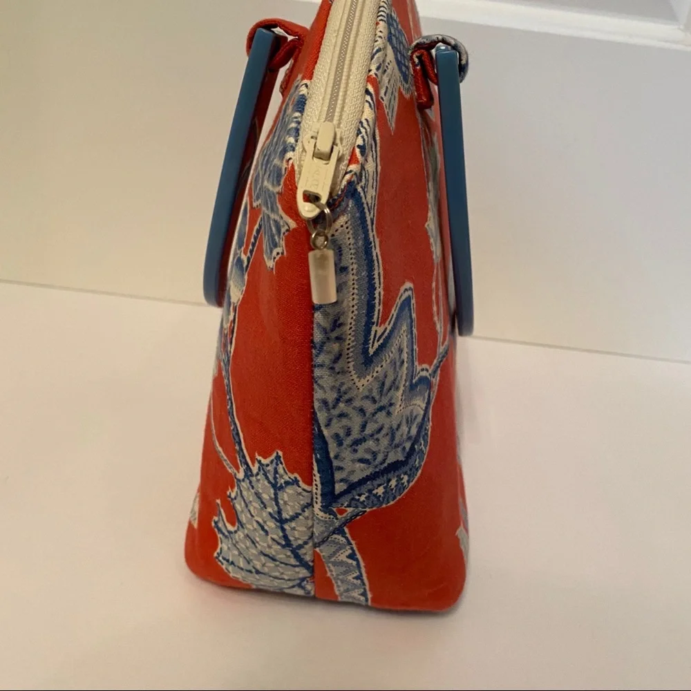 CHARLOTTE HORNER BAG SATCHEL RED BLUE FABRIC USA ARTISAN 2 HANDLE ZIP TOP